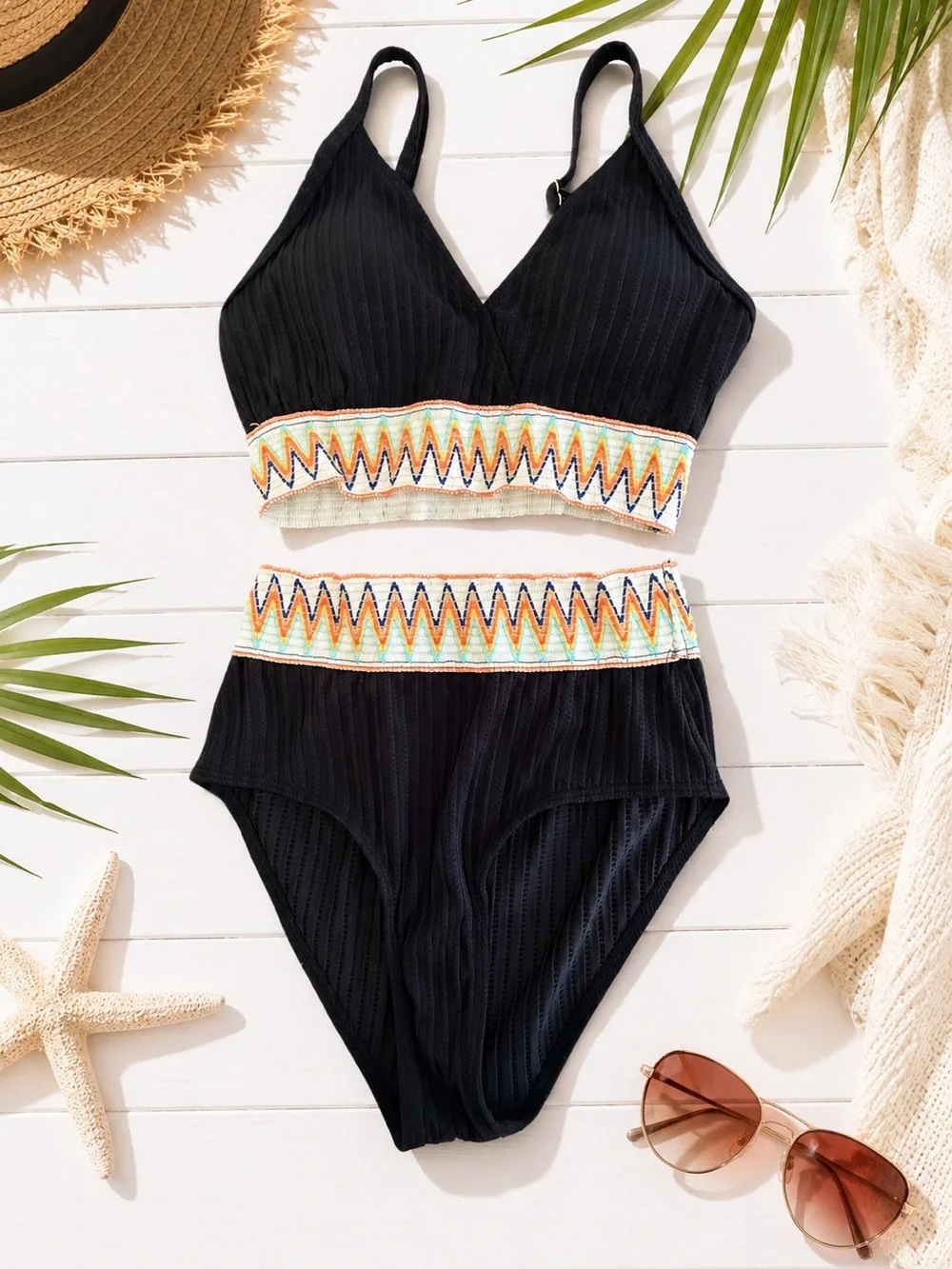Girls Size 15/16 Black Ribbed 2-Piece Swimsuit | High-Waisted Bikini | Colorful
